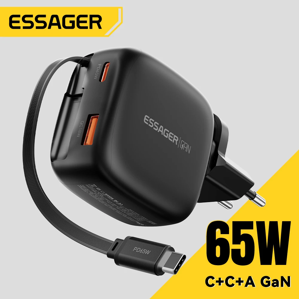 

Зарядное устройство Essager 65 Вт GaN Pro с выдвижным кабелем типа C Быстрое дорожное зарядное устройство 3 в 1 для iPhone 17 16 Pro Samsung Laptop Macbook