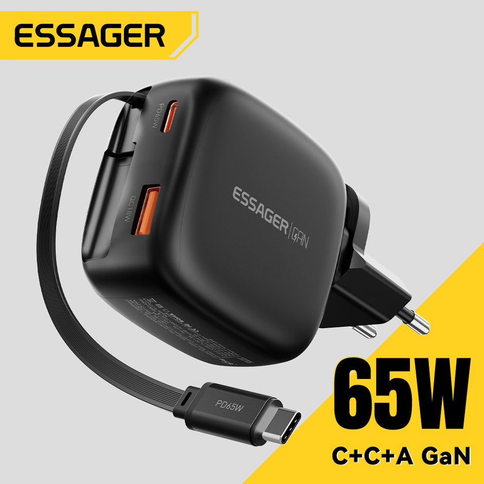  Essager 65W GaN pro Charger with Retractable Type C Cable 3-in-1 Fast Travel Charger for iPhone 17/16 pro Samsung Laptop MacBook 