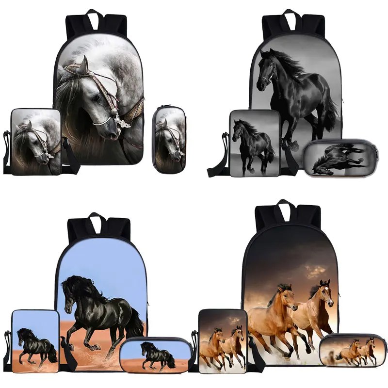 3pcs/set Animal Horse Print Backpack Children School Bags Fashion Kids Backpacks for Boys Girls Pencil Case Unicorn Bookbag