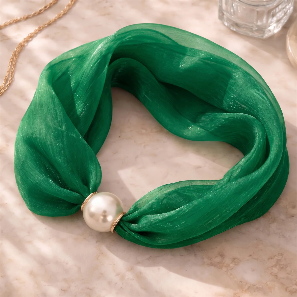 Magnetic Pearl Buckle Decorative Neck Scarf Ladies Shimmer Yoryu Chiffon Lightweight Solid Color Soft Neck Wrap Accessory