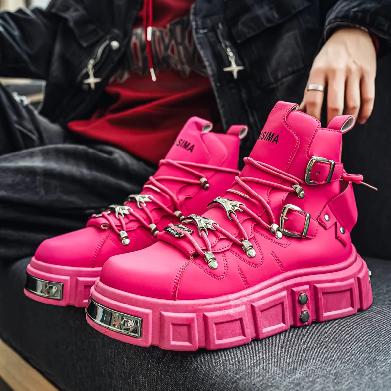 

New Rock Punk Men's Motorcycle Boots Metal Platform Ankle Boots for Men Trend High Top Streetwear Shoes Man botas para hombre