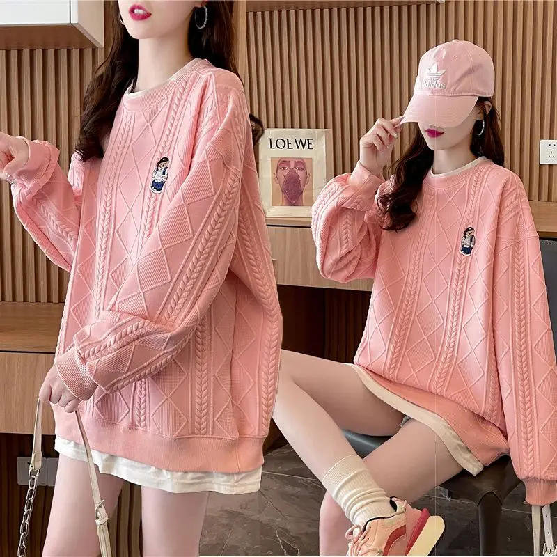 Fashion Round Collar Pullovers Sweatshirts for Women Streetwear Loose Long Sleeve Sun-proof Sweatshirts Casual Two Fake Tops