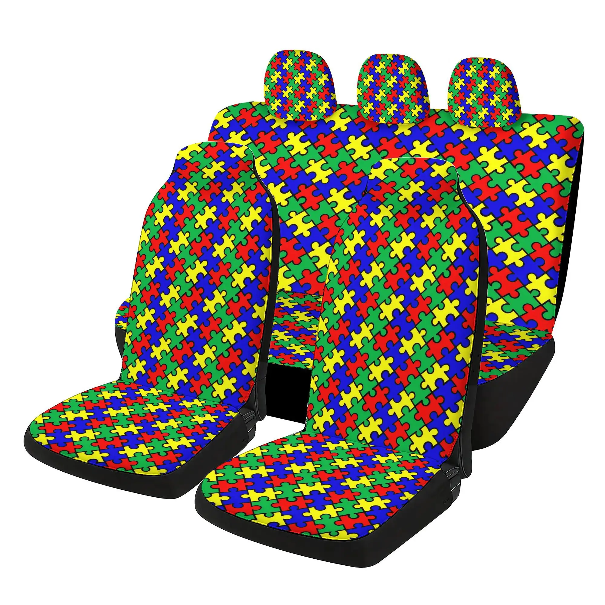 Complete Set Of Car Seat Covers With A Full Print Design - 7pcs, Featuring 2 Front Seat Covers, 1 Rear Seat Back Cover, 1 Rear S