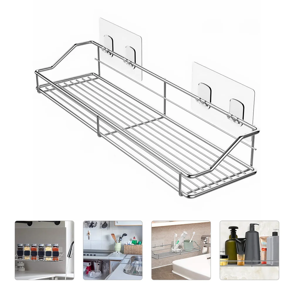 

Stainless Steel Storage Towel Rack for Bathroom Wall Hooks Mounted Shelf Punch Free Kitchen Seasoning Holder Tools