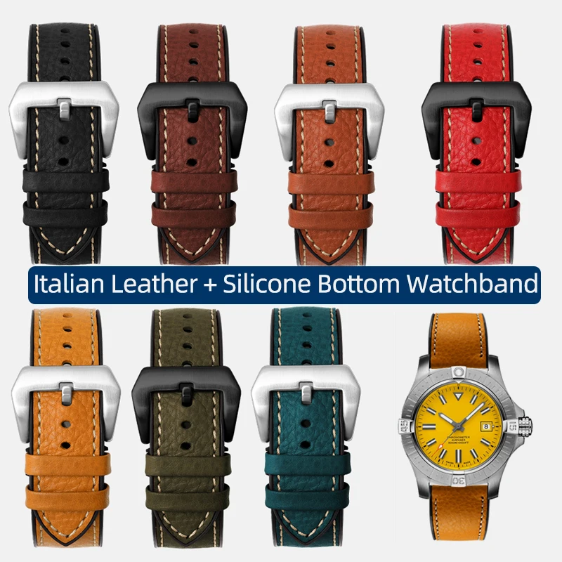 Italian Leather + Silicone Bottom Watchband for Tudor Omega Panerai Men Waterproof Rubber Strap Bracelet 20mm 22mm 24mm