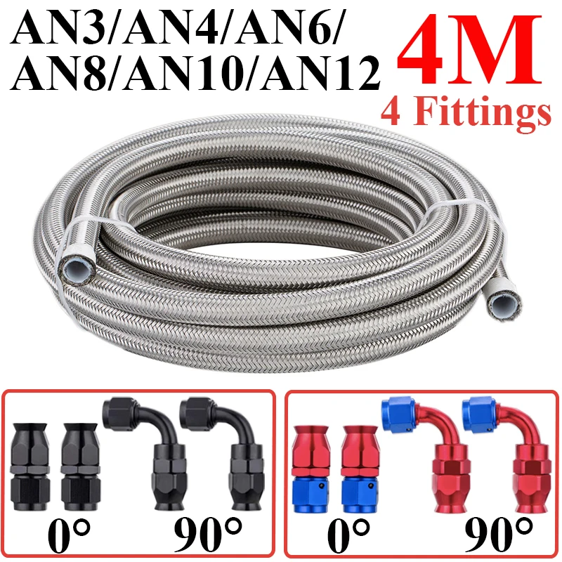 4M AN3 AN4 AN6 AN8 AN10 AN12 E85 Stainless Steel PTFE Fuel Hose Oil Gas Cooler Line Pipe Tube 2x0° 2x90° Swivel Hose End Fitting