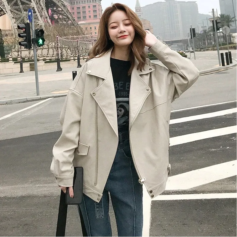 Faux Leather Jacket Women Casual PU Loose Motorcycle Jackets Female Streetwear Oversized Coat Korean Chic 2023 Spring Autumn