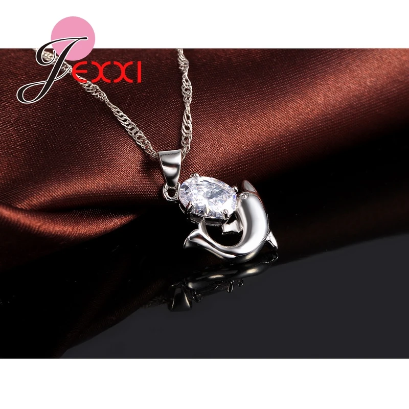 Fast Shipping Pretty CZ Cubic Zirconia Jewelry Set 925 Sterling Silver Romantic Dolphin Pendant Necklace & Earrings Set