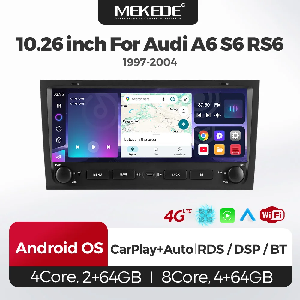Autoradio MEKEDE 10,26 pouces, lecteur multimédia pour Audi A6 C5 1997-2004 S6 RS6, prend en charge la caméra AHD, RDS, CarPlay sans fil, WIFI, écran