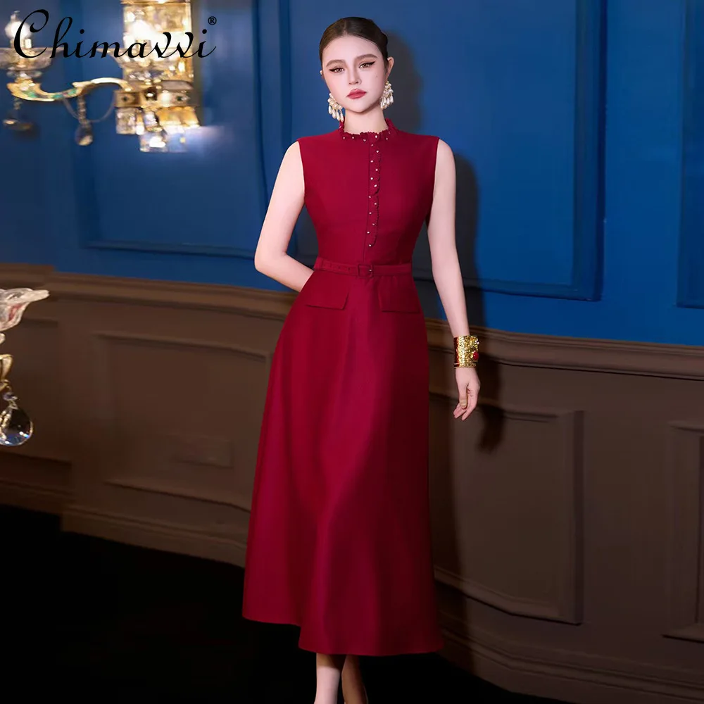 

French Style Elegant Socialite Evening Dress Stand Collar Sleeveless Diamond High Waist A-line Long Dress for Women Spring 2026