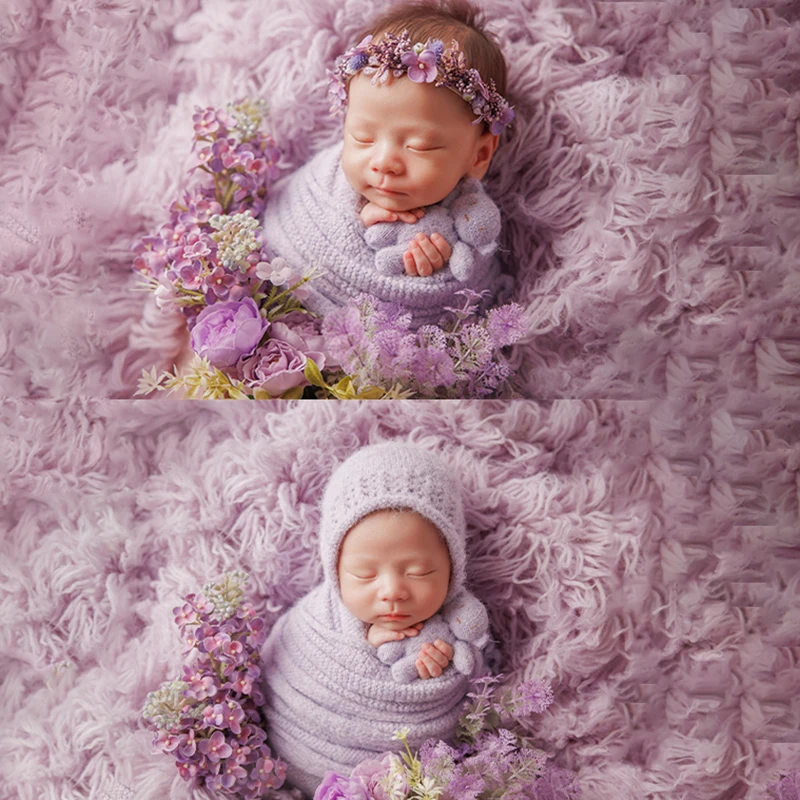 Acessórios para fotografia de recém-nascidos, chapéu de malha para foto de bebê, envoltório de lã, fundo de tiro de bebê, tema roxo, adereços de flores artificiais