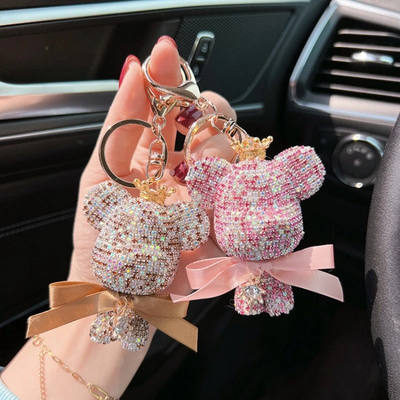 2023 Rhinestone Kawaii  Crown Bow Tie Bear Keychain Car Pendant Key Chain Ring Holder Bag Jewelry Accessories Luxury Keychain