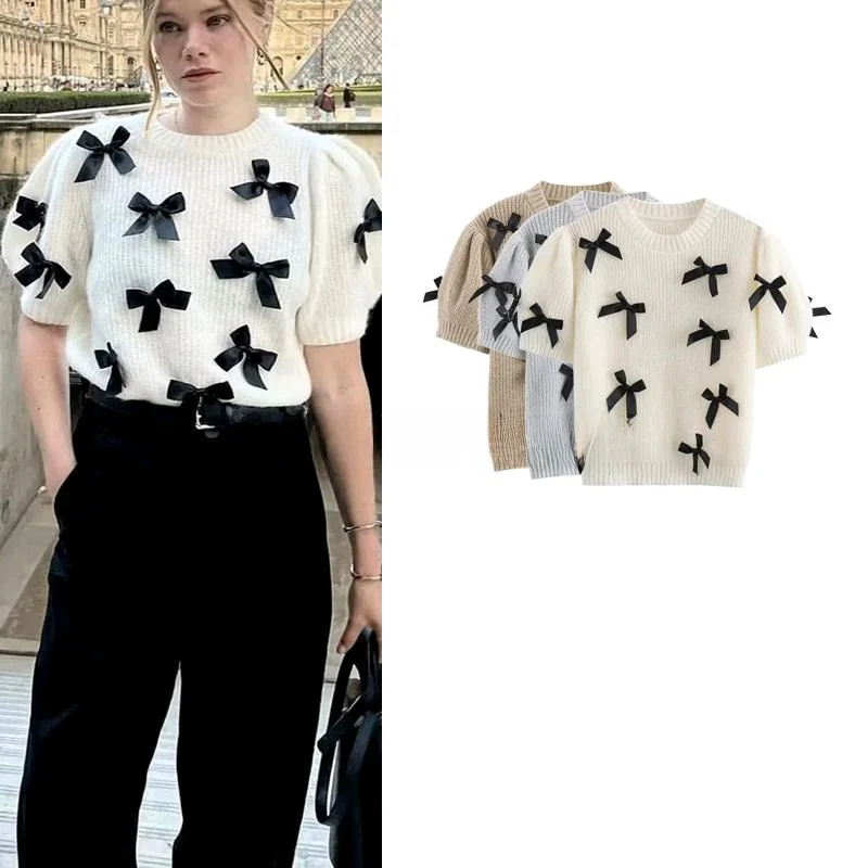 

Spring New Sweet Bubble Sve Knitted Top Casual Versatile round Ne Knot ort Sve Polyester Fiber Loose Fit