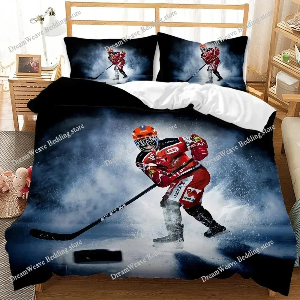 Ice Hockey Duvet Cover Set Full Queen Size,Geometric Check Patchwork Stylish Bedding Set,Athlete Winter Sports Comforter CoverFQ