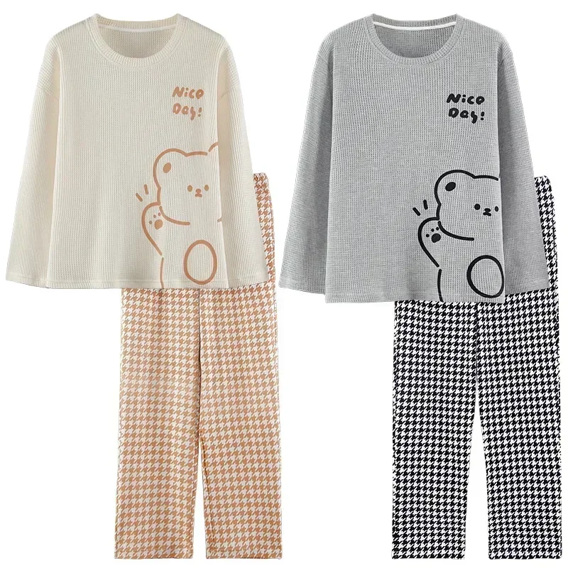 Pijama de algodão estampado manga comprida masculina, pijama outono inverno, gola redonda, terno puro, casal doce, amante, conjunto 2 peças