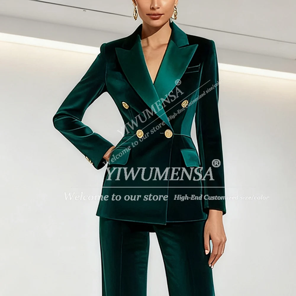 Costumes personnalisés en velours vert pour femmes, ensemble 2 pièces, veste à Double boutonnage, pantalon, tenue d'affaires, Tuxedos de fête formel