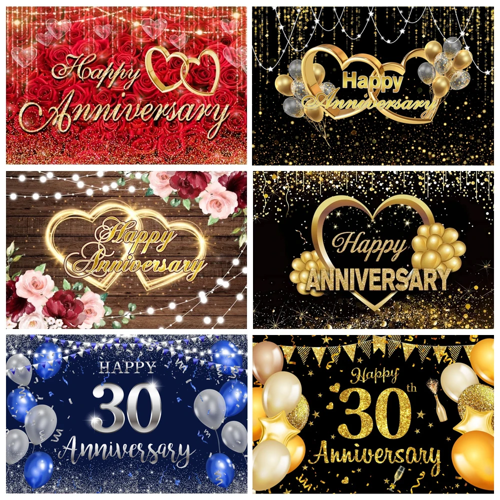 Happy Anniversary Backdrop For Photography Gold Balloon Glitter Love Heart Wedding Birthday Party Bridal Shower Photo Background