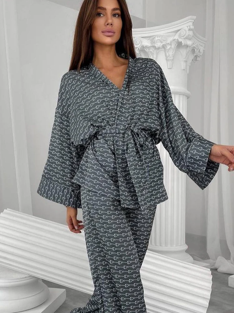 Linad Print Women\'s Home Clothes 2 Piece Sets Loose Three Quarter Sleeve Sleepwear Female Casual Trouser Suits Spring 2023