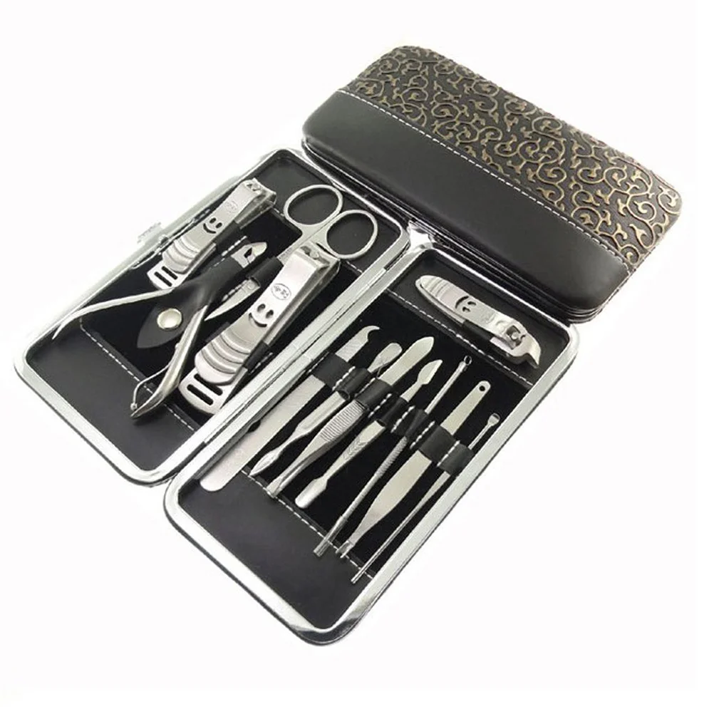 12Pcs Manicure Pedicure Set Stainless Steel Silver Plant Print Nail Grooming Kit Nail Care Tools Professional Travel Case