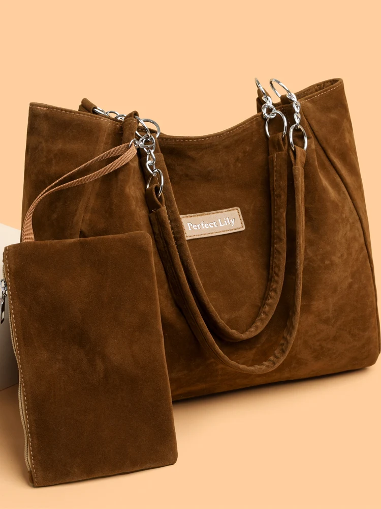 New Suede Large Capacity Commuter Women's Tote Bag Shoulder Handbag Caramel Color Mother-Child Bag Casual Simple Style