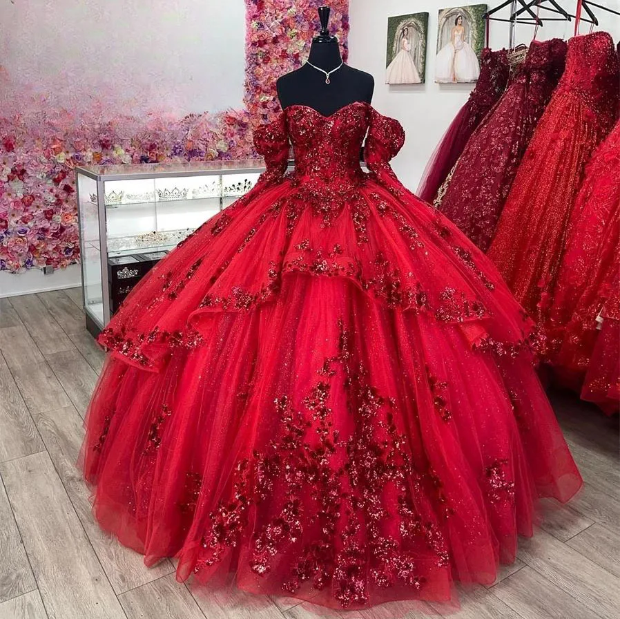 Burgundy Princess Quinceanera Dresses Ball Gown Long Sleeves Tulle Appliques Sweet 16 Dresses 15 Años Custom