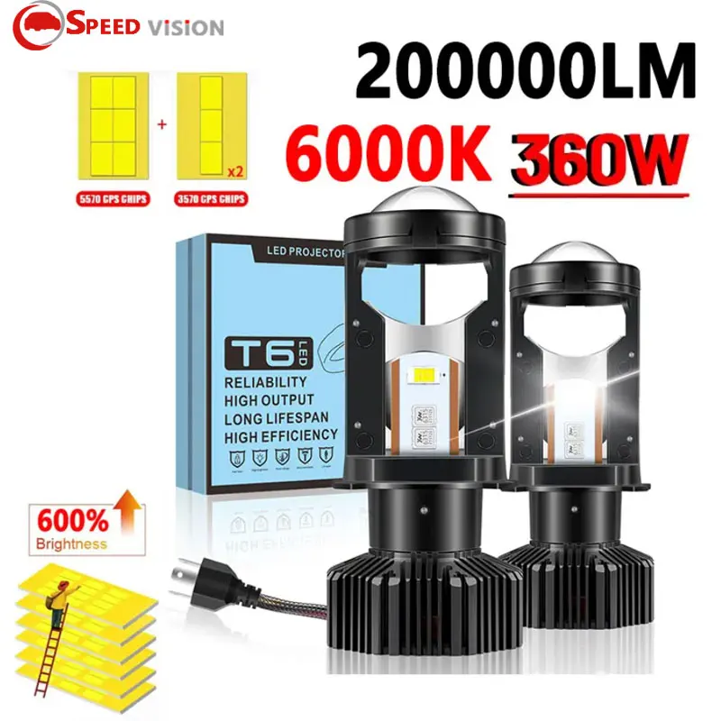 H4 Mini Projector Lens LED Canbus 360W H4 Auto Car Dual Light Kit Motorcycle Fog Lamp 12V 24V Turbo Fan LHD STG Bulb Bi/Lo Beam