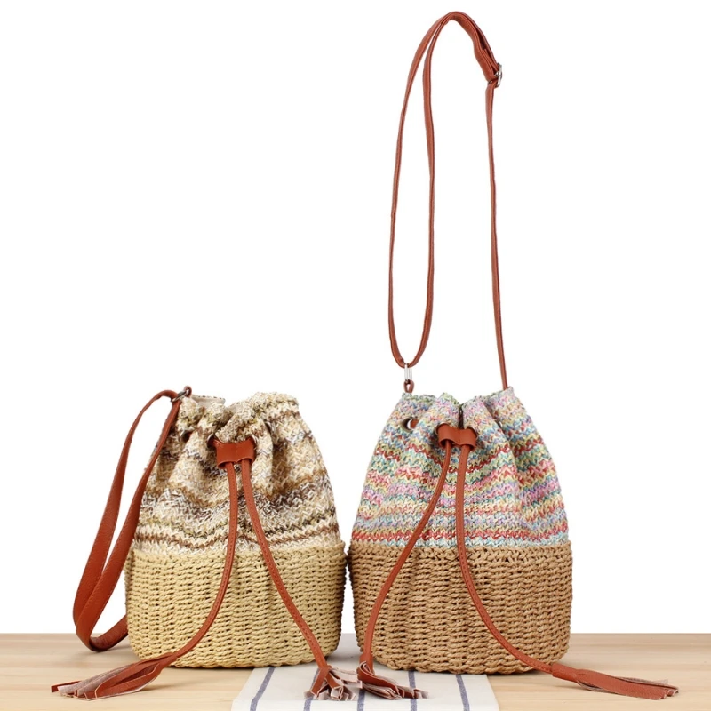 

Summer Straw Bucket Bag Fashion Paper Woven Round Barrel Crossbody Bag Ethnic Style Drawstring Tassel Single Shoulder Beach Bag