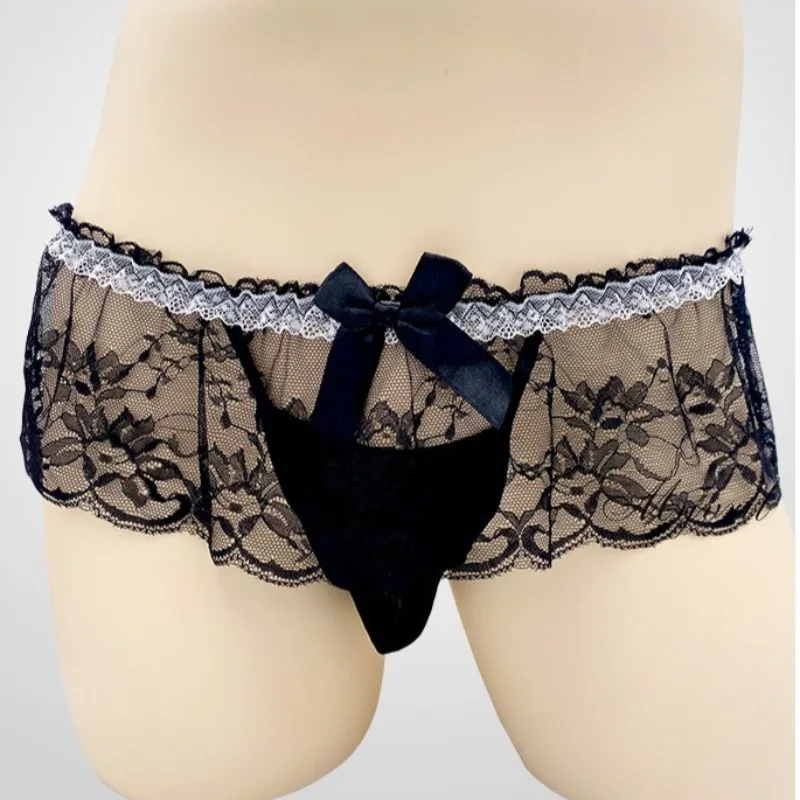 Erotic Men's Gay Underwear Lace Transparent Sexy Lingerie Bugle Pouch Thong Mesh Cross-dresser Man G-Strings Seductive T-Panties