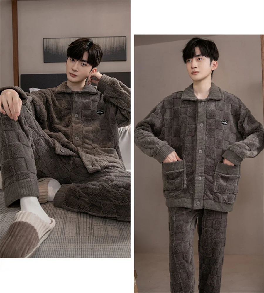 Men\'s Winter Warm Sleepwear Comfortable Pajama Sets 2 Pieces Thickened Homewear for Men Coral Fleece Nightwear Big size 3XL