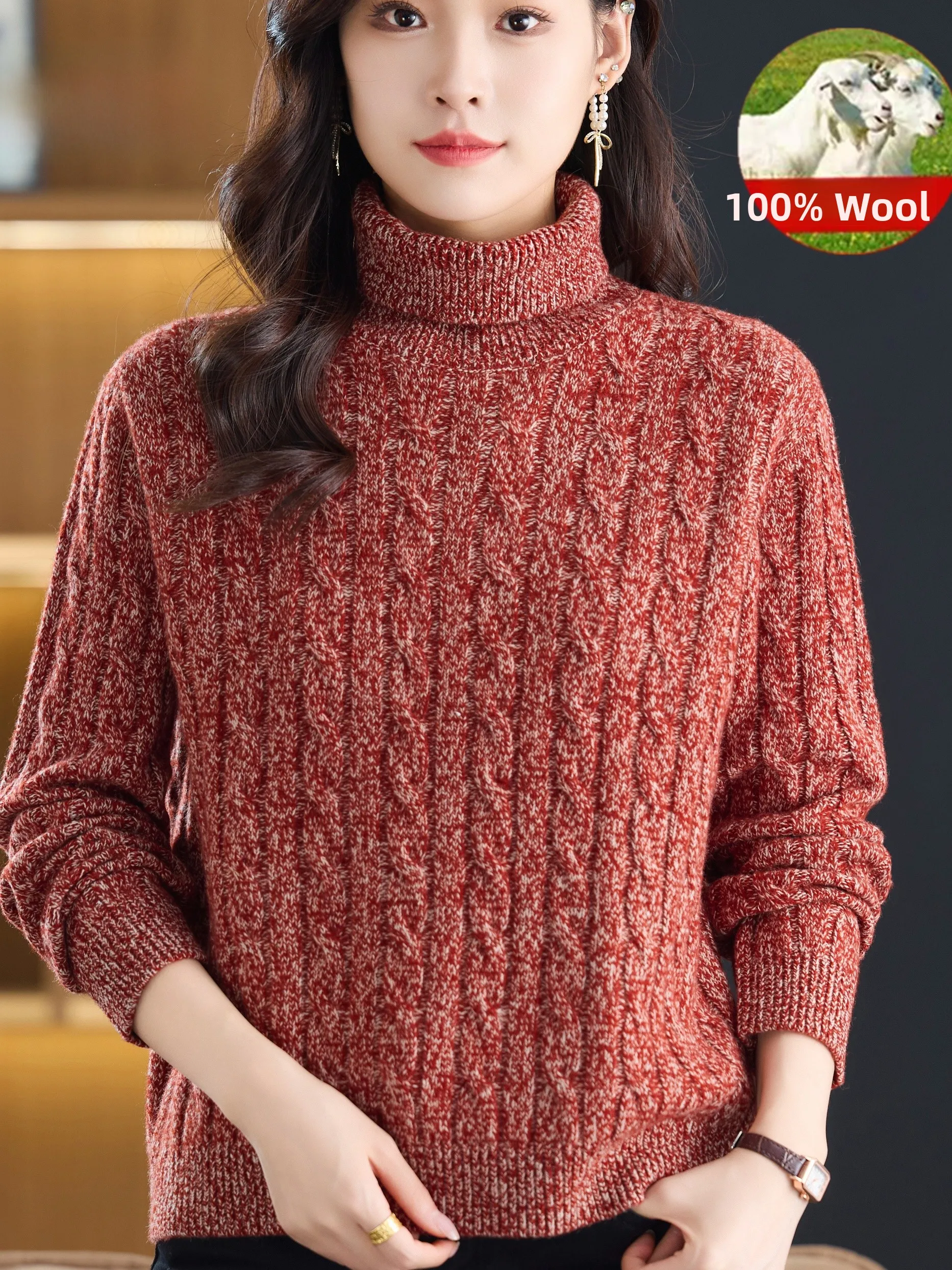 

Thickened Pure Wool High Collar Twisted Knitted Base Shirt Women's Autumn Winter Sweater Easy to Wear Warm Top for Middle-Age...
