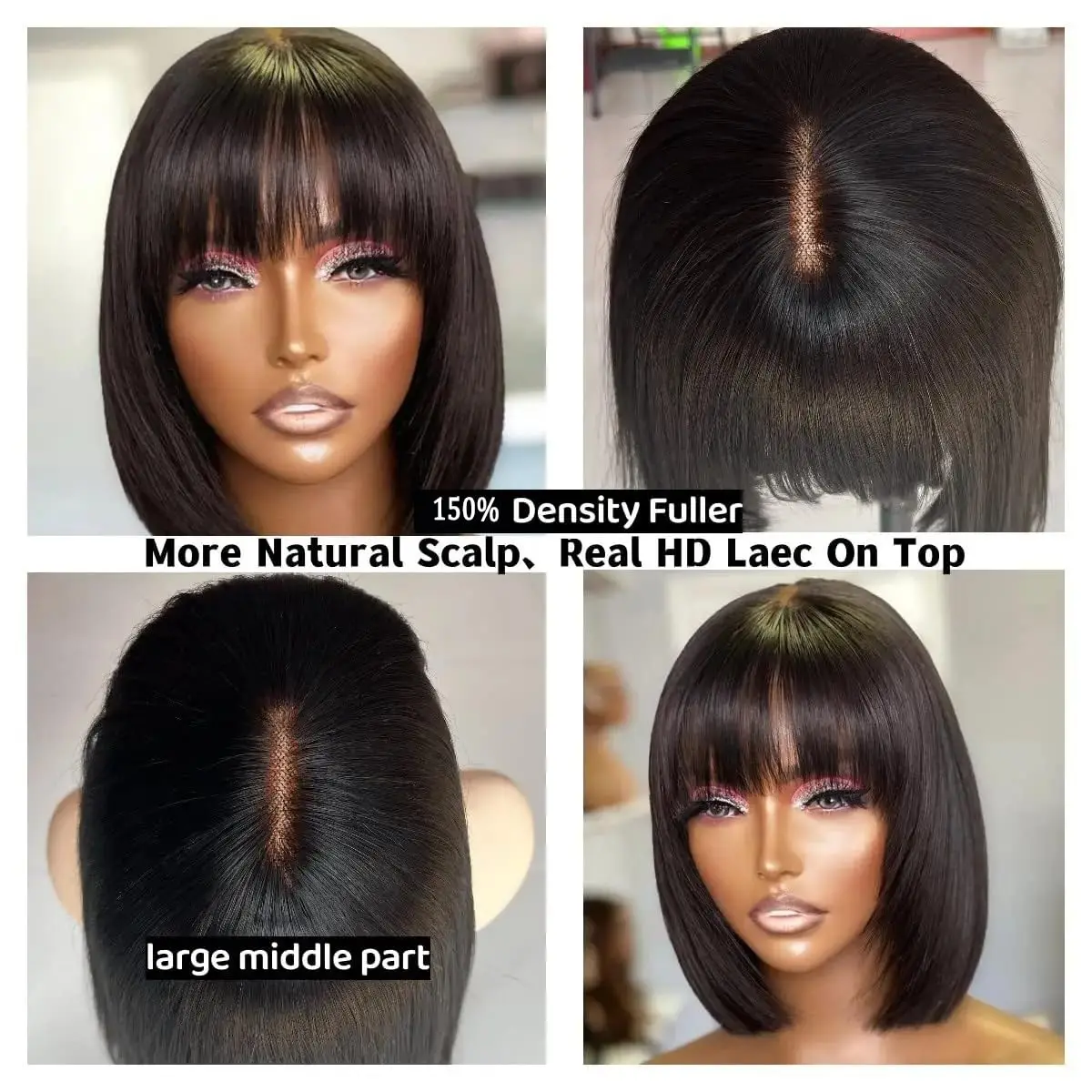 Short Bob Wig With Bangs For Black Women Human Hair Glueless Straight Layered 2X1 Transparent Hd Lace Wigs Natural Black Color