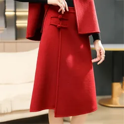 Winter Woolen Midi Irregular Split Skirt Red Elegant High Waisted Buckle Basic Wool Skirts Female Casual Thick Warm A-Line Skirt