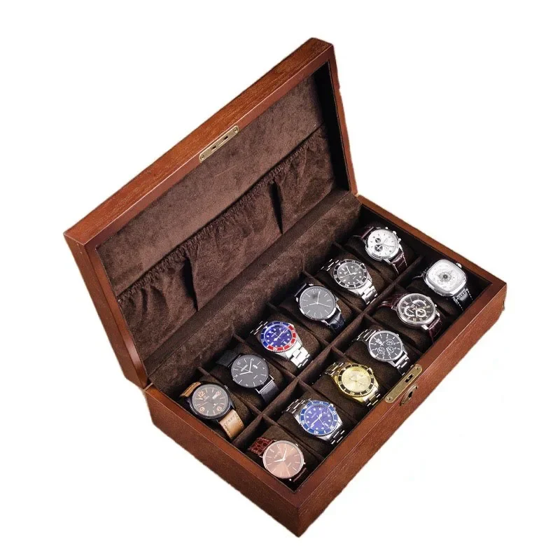 Wooden Watch Storage Box with Lock Transparent Skylight Watch Boxes Organizer Bracelet Glass Wrist Watches Display Collection