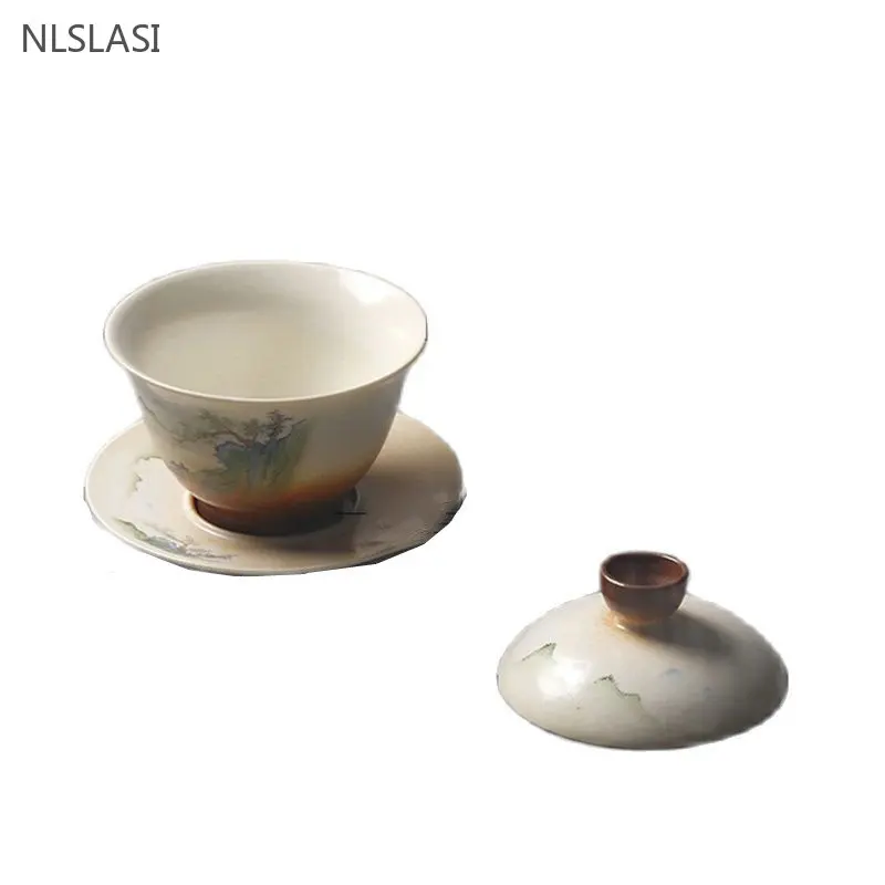 120ml Chinese Style Antique Gaiwan Ceramic Tea Bowl Creative Handmade Tea Infuser Household Tea Set Accessories Porcelain Teacup