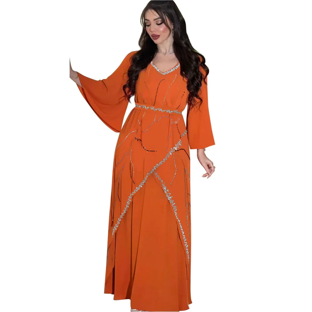 Diamond Eid Party Dress for Women Abaya Dubai Muslim Chiffon Long Caftan Robe Jalabiya Ramadan Dubai Kaftan Vestidos Largos