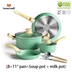 Innerwell 8pcs Frying Pan Soup Pot Milk Pot Sets Nonstick Seafood Stew Pot Egg Skillets Kitchen Cooking Pots Suitable All Stoves