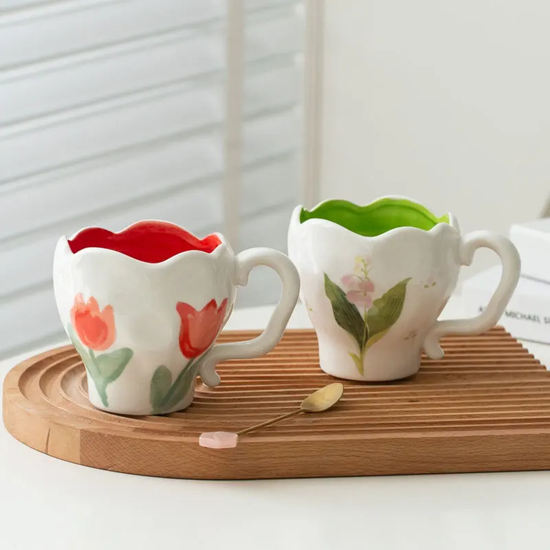 

Handmade Irregular Ceramic Mug, Hand-Painted Tulip & Lily of Valley, Artistic Coffee Milk Cup,Unique Gift for Her