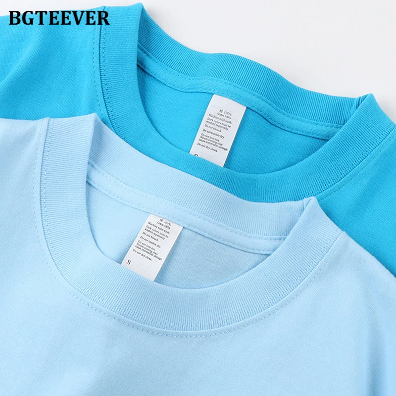 BGTEEVER Basic O-neck Ladies Cotton T-shirts Short Sleeve Loose Solid Pullover Tees Ladies Summer Casual Women Tops