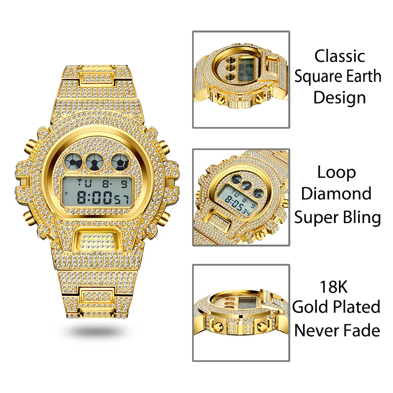 Classic Men Watch Hip Hop Iced Out Stainless Steel Multifunctional Digital Watches Luxury Diamond G Style Shock Resistant Clock