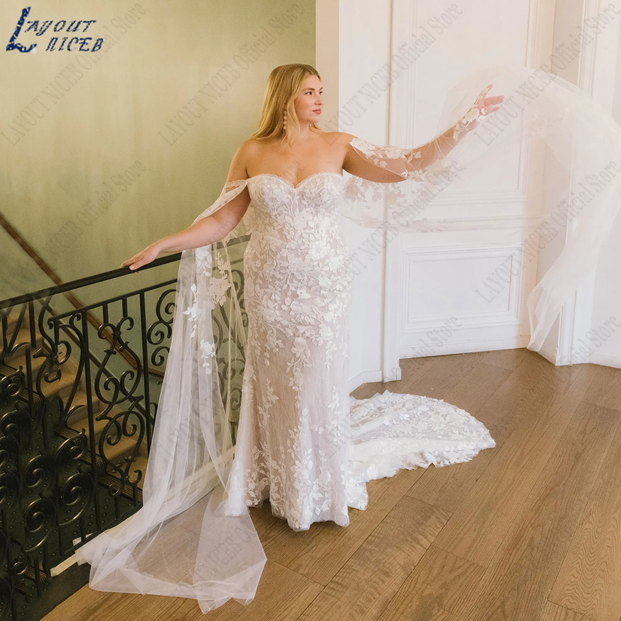 LAYOUT NICEB Off Shoulder Mermaid Wedding Gown Plus Size Appliques Bride Dresses Full Sleeve Backless Tulle vestido de casamento