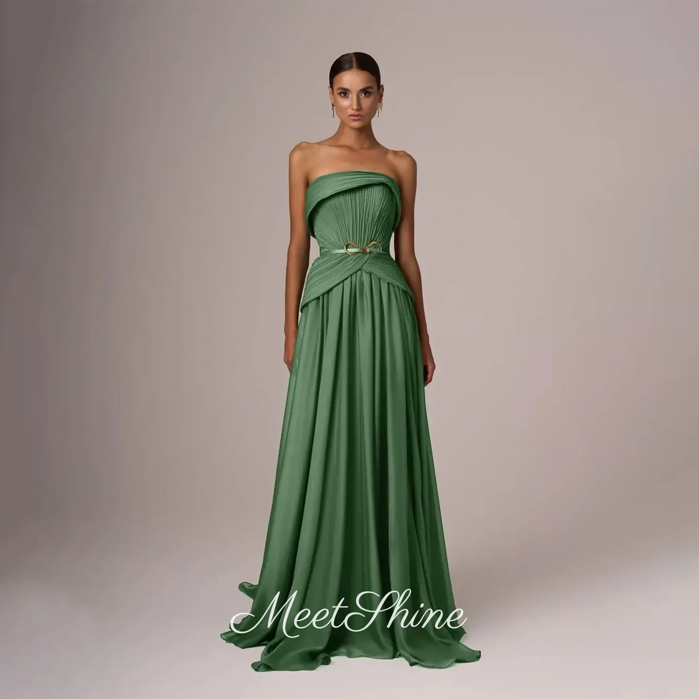 

Elegant Strapless Green A-Line Evening Dress Saudi Arabia Sleeveless Chiffon Pleated Formal Wedding Prom Dress Customized