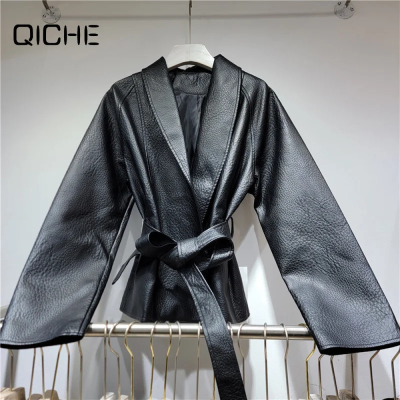 QICHE Women Retro Faux‑Leather Cropped Jacket Lapel Tie‑Waist Design Loose Commuter Casual Outerwear For Spring Autumn