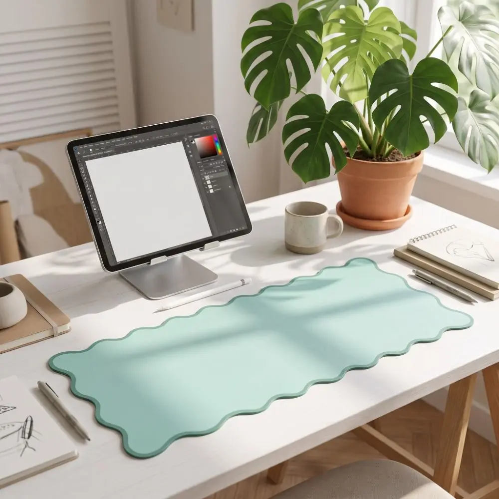 Sweet PU Leather Desk Pad Non Slip Wave Edge Keyboard Mat Large Simple Desktop Cover Gaming Room - view 3