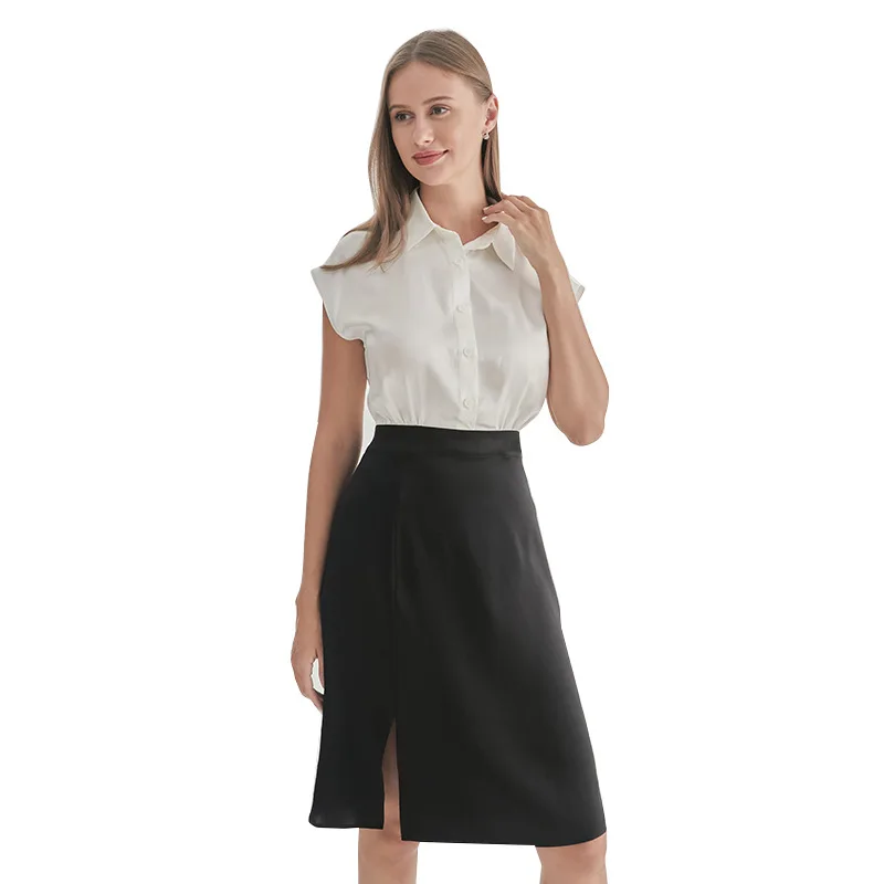 2025 Summer Women's 22 Momme Color-Block Shirt Dress-Sophisticated Black & White Faux Two-Piece Set, Premium Office Dress