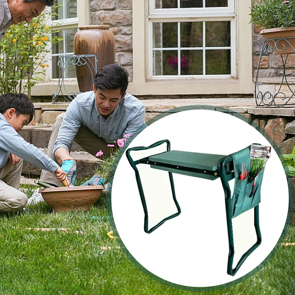 Folding Portable Iron Garden Kneeling Stool, Square Outdoor Kneeler with Detachable Tool Pouch, Compact for Camping Hiking Trave