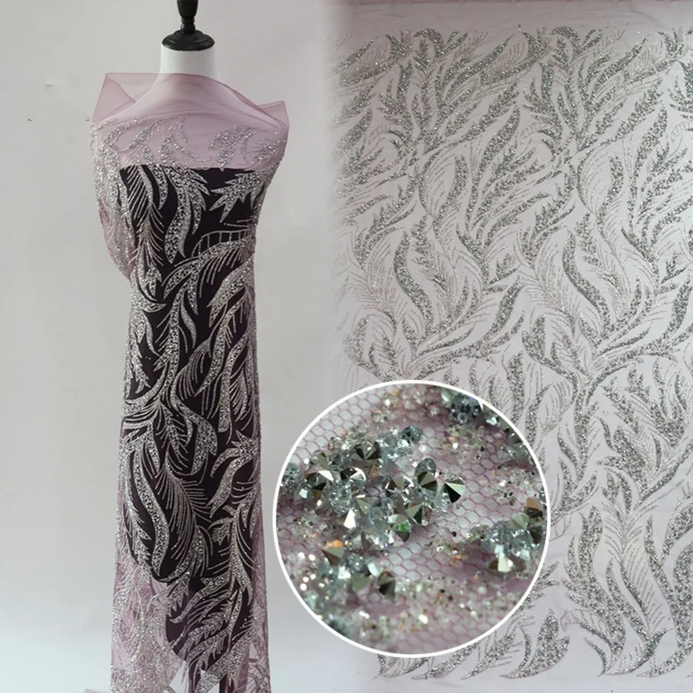 10 Hot Stamping Powder Pattern Crystal Tube Lace Evening Party Cocktail Dress Material Flower Wedding Embroidered Mesh Fabric