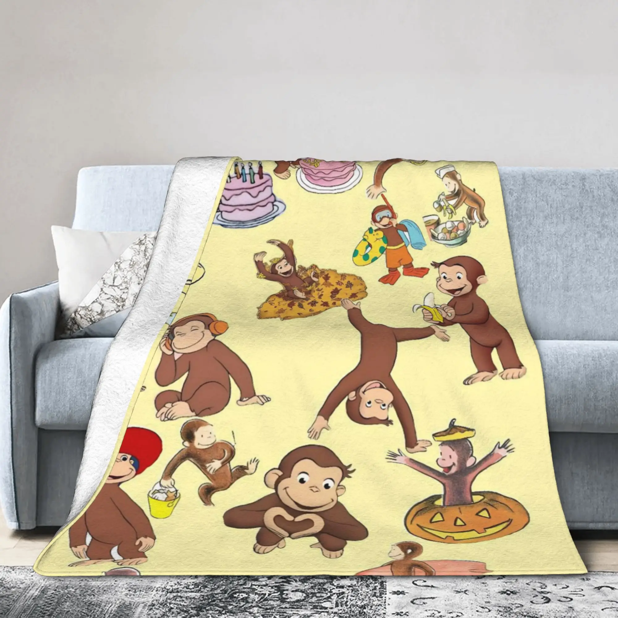 Curious George Knitted Blankets  Fleece Throw Blankets Summer Air Conditioning Decoration Lightweight Bedsprea,