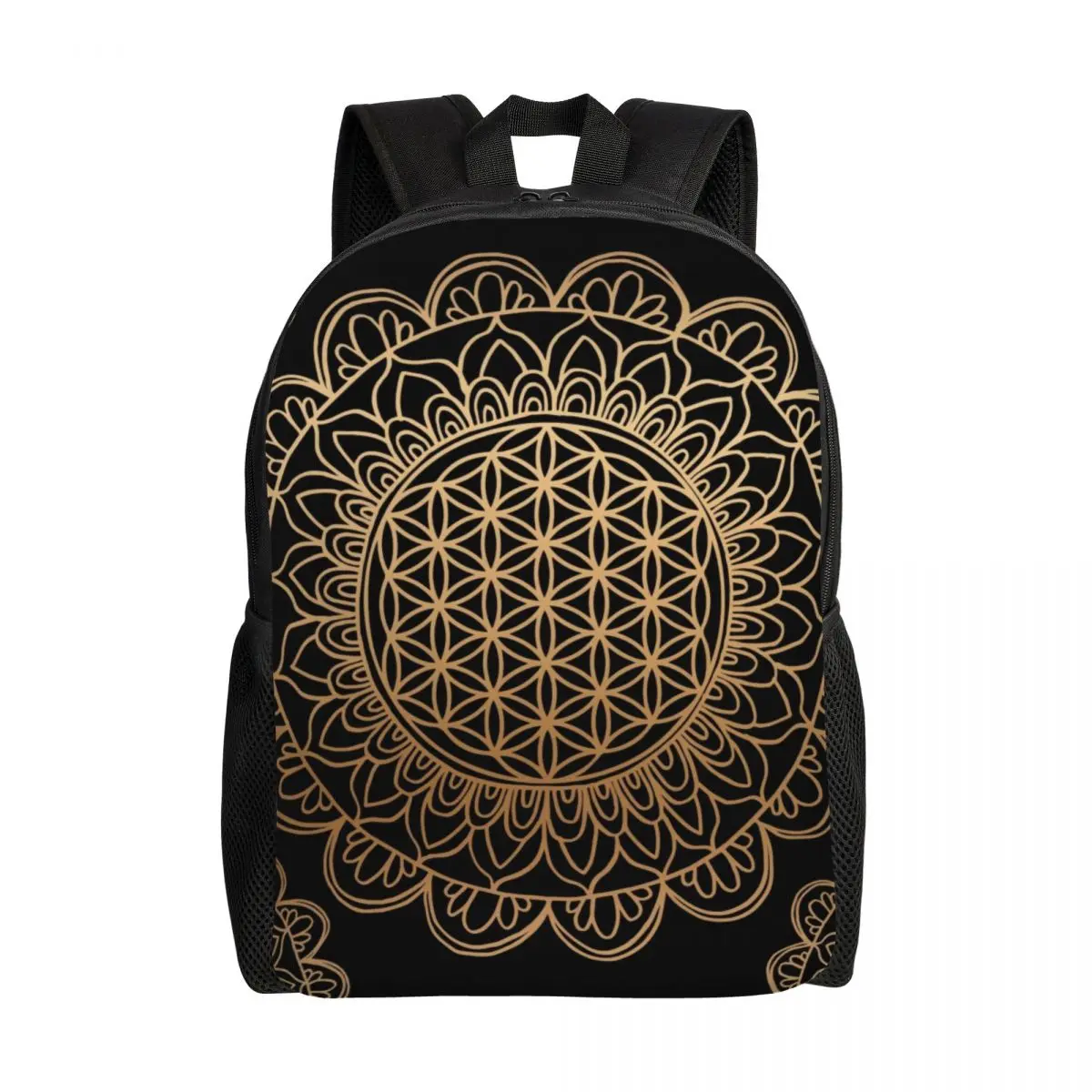 

Flower Of Life Mandala Black Gold Travel Backpack Men Women School Laptop Bookbag Sacred Geometry College Student Daypack Bags