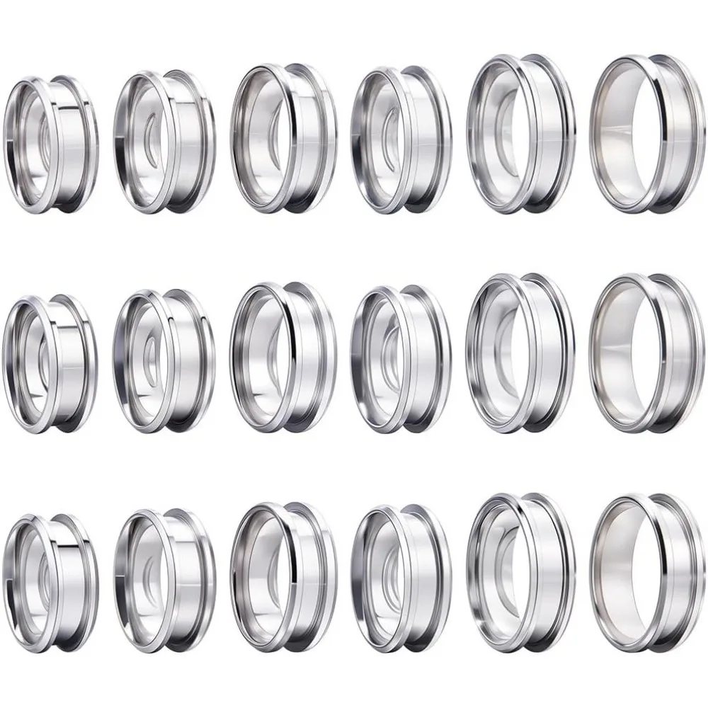 18Pcs Stainless Steel Grooved Finger Ring US Size 7/8/9/10/11/12 Core Blanks 8mm Wide Empty Round Grooved Inlay Ring Blanks kit