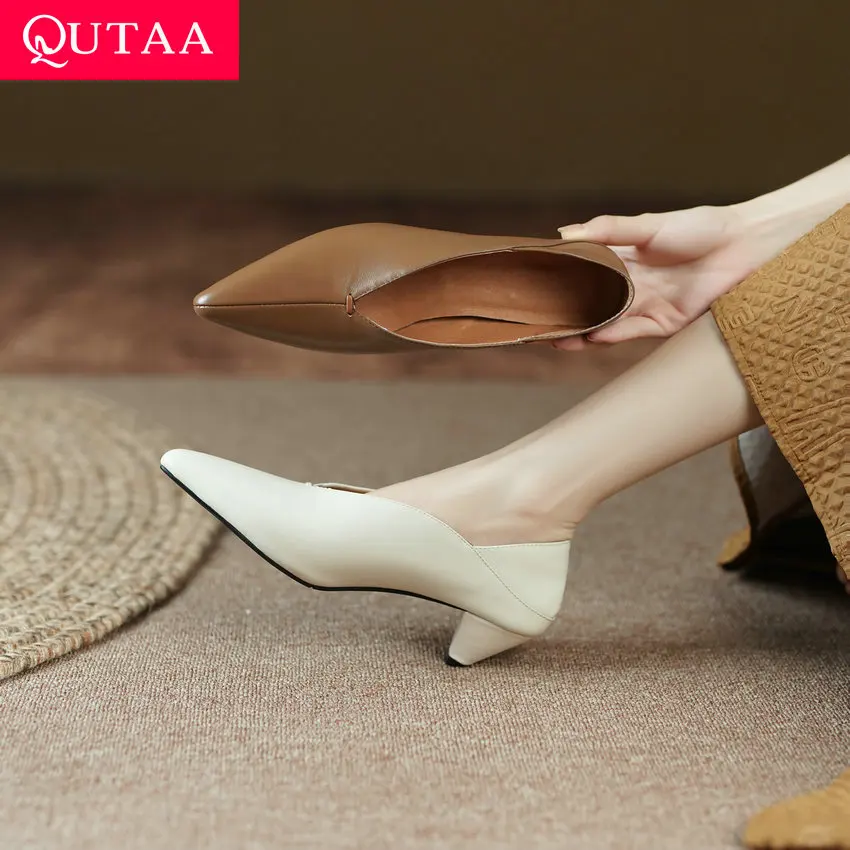 QUTAA 2023 Pointed Toe Thick Med Heels Women Pumps Spring Summer Office Lady Party Genuine Leather Shoes Woman Size 34-39